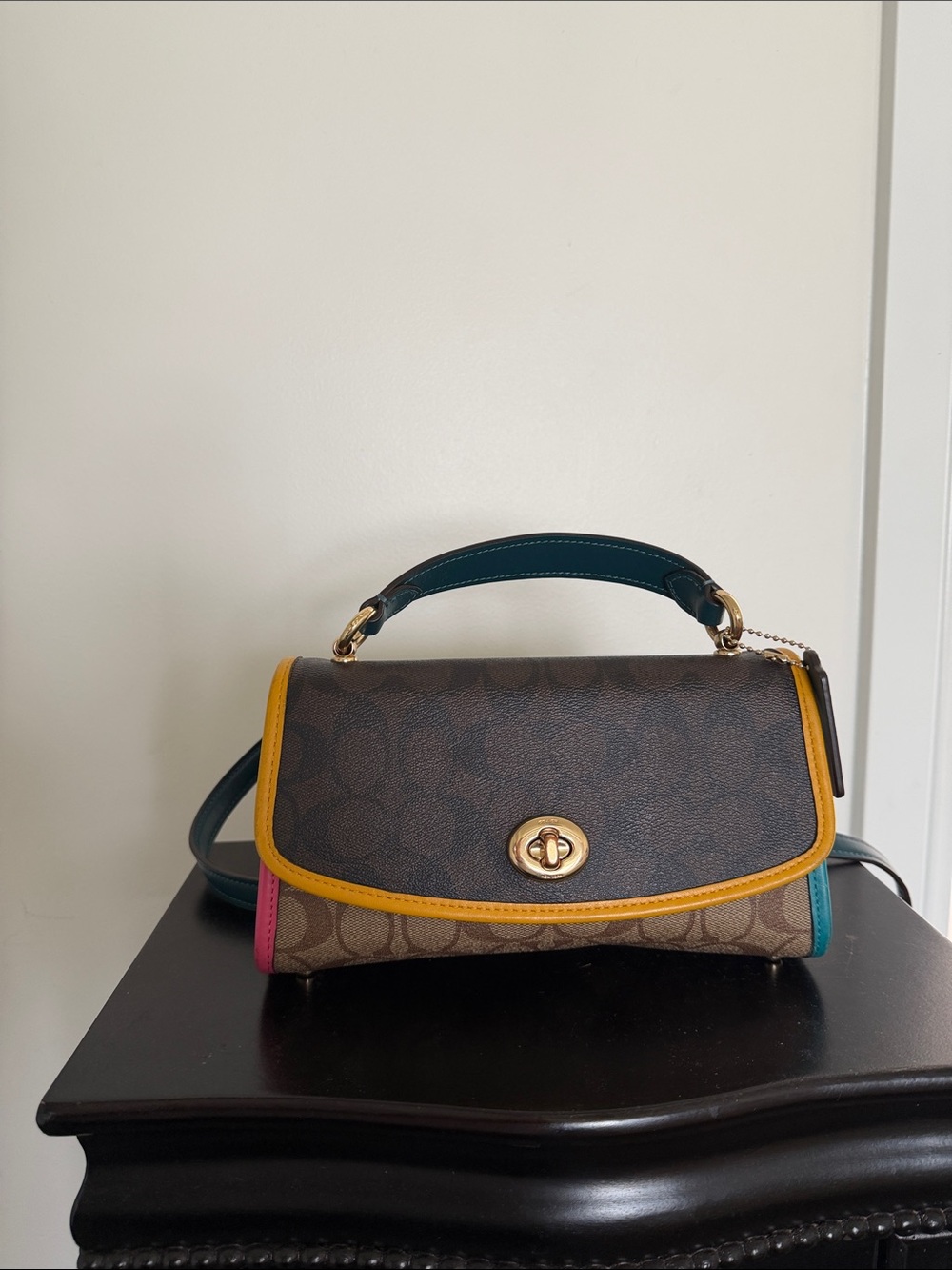 Coach Signature Tilly 23 Satchel with Teal Handle, Yellow Trim and Pink Accent